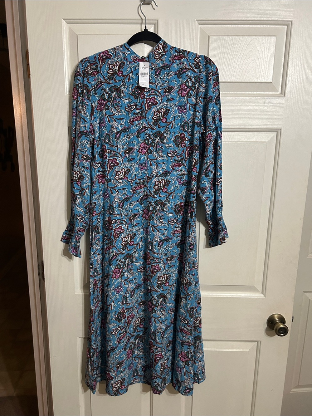 LOFT Blue Floral Long Sleeve Midi Dress with Pink Accents